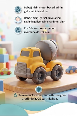 Eğitici Ve Güvenli Oyuncak Beton Mikseri Gerçekçi Tasarımlı Dönebilen Kazanlı 15 Cm Oyuncak Mikser