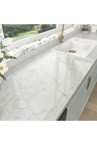 Hotdecor Mobilya Folyosu, Kendinden Yapışkanlı, Yıkanabilir Duvar Kağıdı, Mutfak, Gri Beyaz, Mermer Folyo, Tezgah