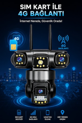 3 Kameralı 4g Sim Kartlı Adaptörlü Gece Görüşlü Hareket Takipli Güvenlik Kamerası