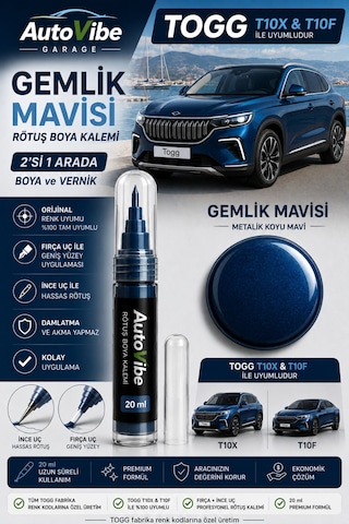 Togg Gemlik Mavisi Rötuş Boyası Kalemi T10x & T10f 2'si 1 Arada Tam Uyumlu
