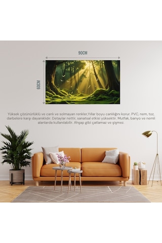 Doğa Ve Manzara Yatay Ağaçlar Güneş Işıkları Derin Orman Yemyeşil Yosun Kaplı Zemin Uçan Kuşlar 01 Çerçevesiz 90x60cm Pvc Tablo