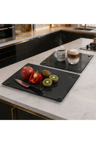 2'li Temperli Cam Kesme Tahtası 20x30 & 25x35 Cm Hijyenik Mutfak Doğrama Camı Kesme Tablasıı Bella Vetro Füme