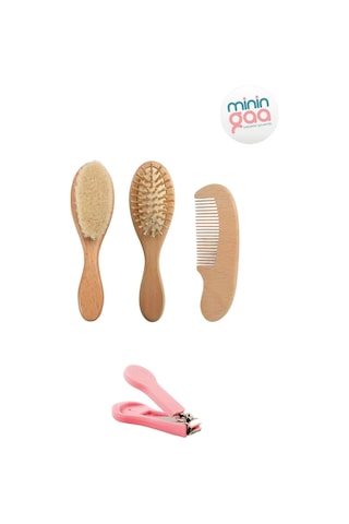 3'lü Set Ahşap Bebek Fırça Ve Masaj Tarak Seti Ve Sarı Renk Tırnak Makası