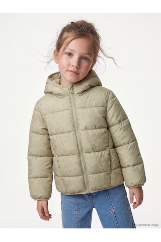 LC Waikiki Lcw Kids Yeşil Kapüşonlu Çiçekli Kız Çocuk Şişme Mont Lıght Green Prın