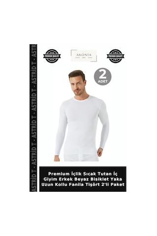 Astrid T Premium İçlik Sıcak Tutan İç Giyim Erkek Beyaz Bisiklet Yaka Uzun Kollu Fanila Tişört 2'li Paket