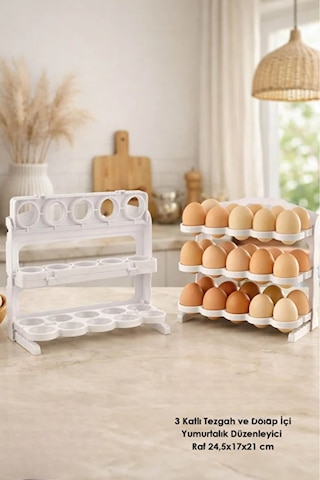 3 Katlı Yumurta Rafı 30 Bölmeli Buzdolabı Düzenleyici Raf Tezgah Ve Dolap İçi Organizer 24,5x17x21cm Beyaz