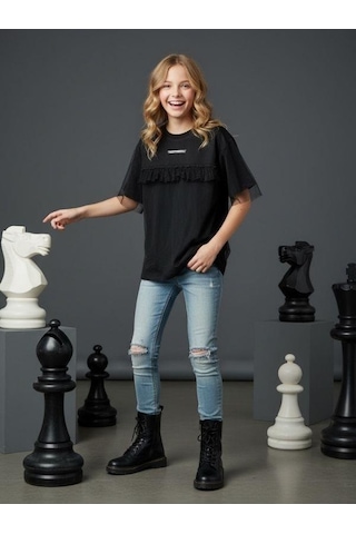Zekids Kız Çocuk Tüllü Fırfır Detaylı Kısa Kollu Tasarım T-shirt-16549 Siyah