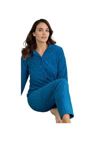 Minel Collection Kadın Pijama Takımı Uzun Kollu Yumuşak Dokulu Es Saks Mav