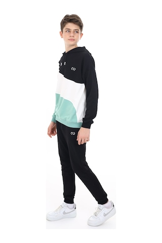 Toontoy Kids Toontoy Erkek Çocuk 2'li Takım Baskılı Kapüşonlu Sweatshirt & Beli Paçası Lastikli Cepli Jogger Eşofman Altı - Renk Bloklu & 2 İplik Yeşil