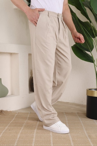 Erkek Beli Lastikli Pileli Baggy Pantolon Bej