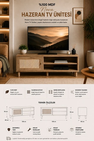 Renazzo %100 Mdf Nova Hazeran Tv Ünitesi Atlantik Çam 138x55 Cm