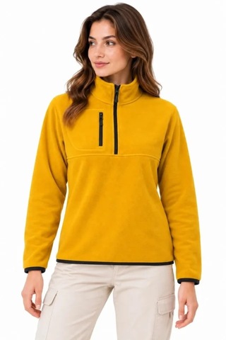 Butik İstanbul Polar Dik Yaka Yarım Fermuarlı Fermuarlı Göğüs Cepli Regular Fit Kışlık Sweatshirt - Hardal Sarısı