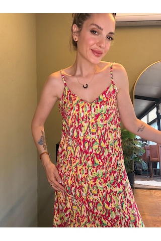Ali Butik Fuşya Desenli Viskon Elbise