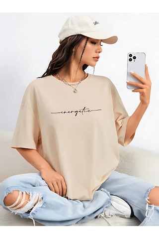 Energetic Yazılı T-shirt - Bej Baskılı Oversize Bisiklet Yaka Kısa Kol Tişört Bej