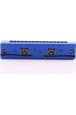 1 Adet Ahşap Mızıka 16 Delikli Çift Sıralı Mavi Desenli Çocuk Mızıka