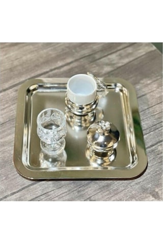 Abant 6'lı Lüx Kare Paslanmaz Çelik Gümüş Renk 21x21cm Kahve Servis Sunum Tepsisi&tabağı