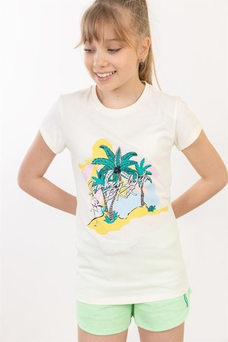 Brz Kids Palmiye Baskılı Kız Çocuk T-shirt-ekru Ekru
