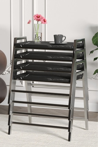 Zigon Sehpa , Aden 4'lü Tepsi Zigon Sehpa Takımı Gümüş Metal - Siyah Mermer Tabla Gümüş-siyah Mermer