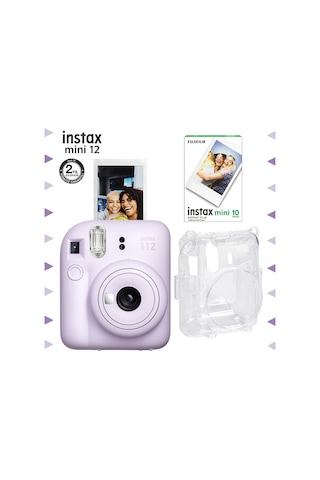 Fujifilm Instax Mini 12 Fotoğraf Makinesi + 10'lu Film + Şeffaf Kılıf Seti Lila