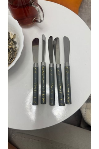 5 Parça Uzun Kahvaltı Bıçak - Gri Mermer Desen Saplı 16.5 Cm 4741 Ahşap - Kırmızı
