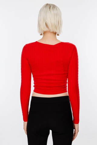 On Kadın Oversize V Yaka Crop Kazak - Uzun Kol Kırmızı