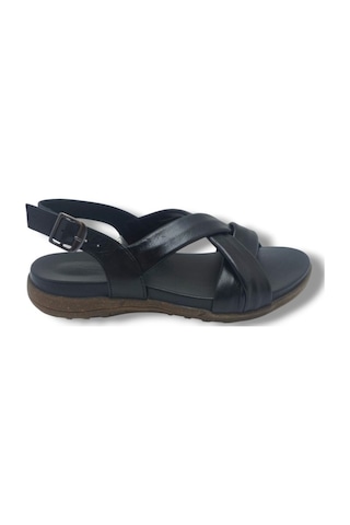 Ellanor S-687-26 Hakiki Deri Çapraz Bant Anatomik Taban Kadın Sandalet Siyah