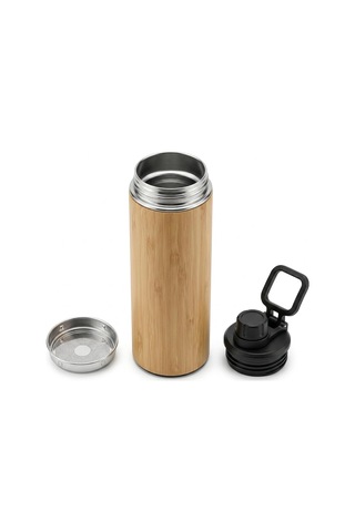 Lexroo 450 Ml Bambu Kaplama Tabanlı Mat Siyah Çelik Termos