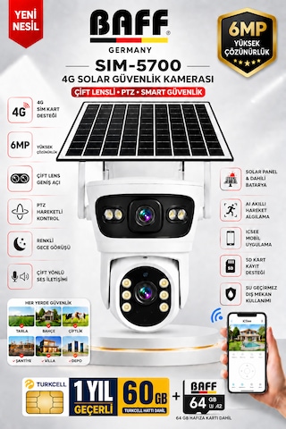 Sım-5700 6mp 4g Sım Kartlı Solar Güvenlik Kamerası Çift Lens Ptz Renkli Gece Görüşlü + 60gb Sım Kart Ve 64gb Hafıza Kartı Dahil