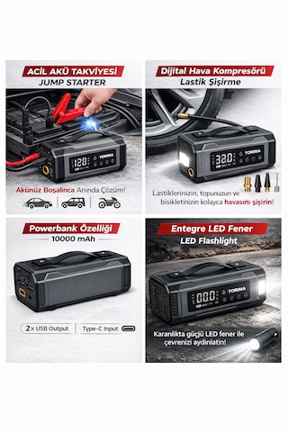 Torima Aps-04 10000mah Akü Takviye Jump Starter + Dijital Hava Kompresörü + Led Fener 01