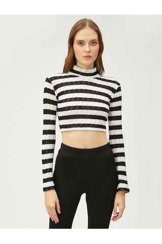 Koton Crop Tişört Uzun Kollu Dik Yaka Siyah Çizgili 3sak50486ek 3SAK50486EK9S9 Siyah