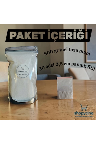 Shopycino İnci Tozu Mum 500 Gr + 30 Adet 3,5 Cm Pamuk Fitil 001 - Beyaz