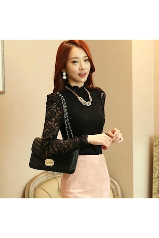 Siyah Dantel Beyaz Gömlek Vintage Stand Yaka Kadın Bluz Uzun Kollu Kadın Gömlek Düz Renk Gömlek Büyük Boy Kadın Elbise