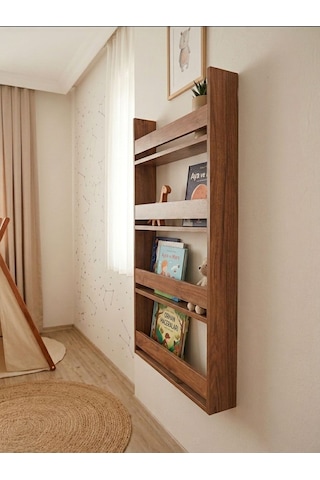 Montessori 4 Raflı Çocuk Kitaplığı Çok Amaçlı Dekoratif Duvar Rafı 120x60 Ceviz