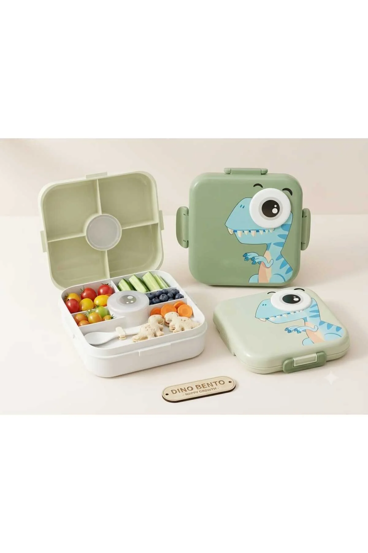 Leva 3 Bölmeli Plastik 2 Katlı Hayvan Figürlü Beslenme Kutusu 1120ml+70 Ml Taşıma Kabı Lunch Box Pls Açık Yeşil
