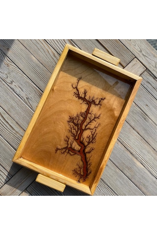 Lichtenberg Desenli Epoksi Ahşap Sunum Tepsisi 30x45