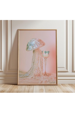 Işıltılı Denizanası Duvar Sanatı İnci Dokunaçları Posteri Pastel Pembe Dekor Okyanus Fantazisi Sanat Eseri Sürreal Estetik