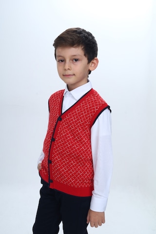 Toontoy Kids Toontoy Erkek Çocuk V Yaka Düğmeli Triko Yelek - Diagonal Desenli Kırmızı