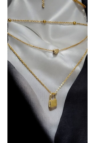 Altın Renk Üç Katlı Kalp Ve Kilit Uçlu Kolye Aşkın Anahtarı Tak Gold