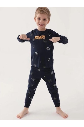 Cantoy Erkek Çocuk Roar Yazılı Dinozor Baskılı Uzun Kollu Pijama Takımı-16036 Lacivert