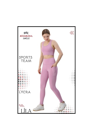 Missmaral Kadın Alt Üst Takım Fitness Pilates Koşu Sporcu Slim Fit Tayt Çift Cep Yüksek Bel Likralı Lila 3065 Lila