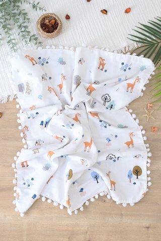 Kız Erkek Bebek Çift Katlı Ponponlu Müslin Kundak Battaniye Stl7011 Beyaz - Fuşya