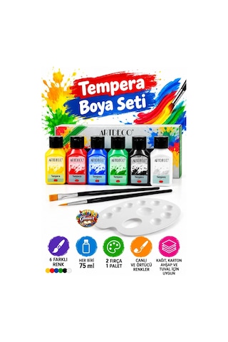 6x75 Ml Tempera Guaj Boya Seti Fırça Ve Paletli Set Artdeco Çok Renkli