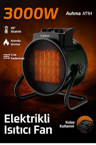 Auhma At1h Elektrikli Isıtıcı Fan Yeşil 3000w Hızlı Isınma, 3 Kademeli Ayar, Sessiz Ptc Isıtma Tek