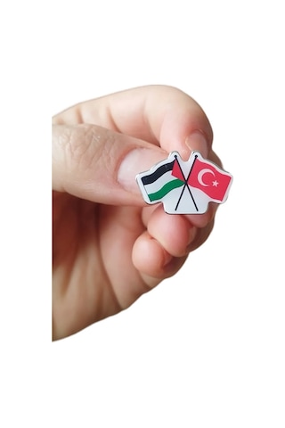 Damla Etiket Filistin Türkiye Flamalı Metal Yaka Rozeti 1 Adet Gri