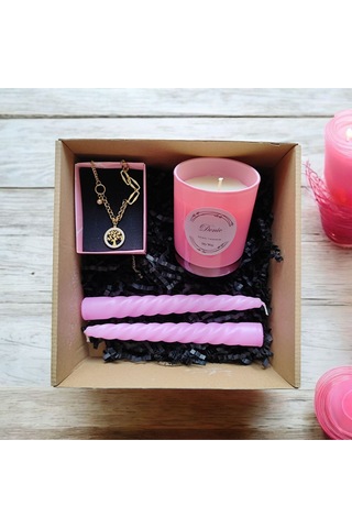 Denic Hediye Seti Kokulu Pembe Bardak Mum Yaşam Agacı Kolye Burgulu Mum