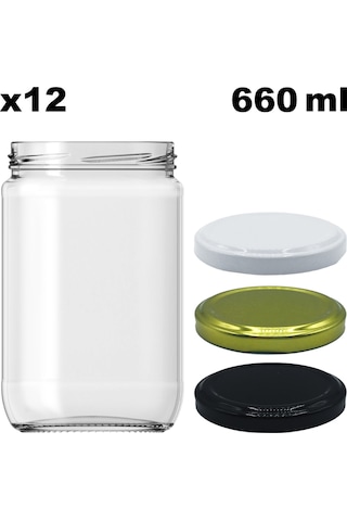 Afracam 660 Ml Metal Kapaklı Şeffaf Cam Kavanoz 12 Adet Siyah