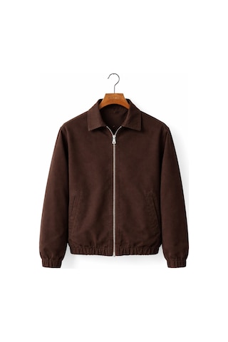 Mero Life Erkek Basic Old Money Fermuarlı Oversize Mevsimlik Polo Yaka Gabardin Kumaş Kahverengi Ceket