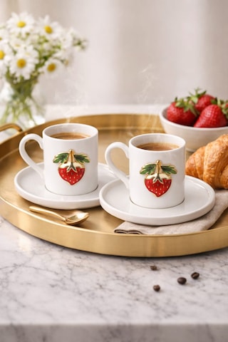 Dekorasyaa 2'li Seramik Kahve Fincan Takımı - 90 Ml - Çilek Desenli Beyaz