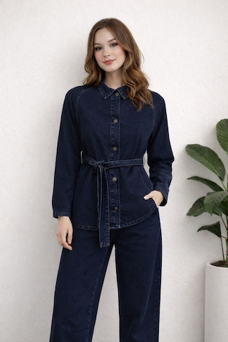 Hiramir Kadın Modern Kesim Kuşaklı Denim Takım Yz2601 Lacivert
