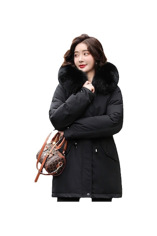 Snapbuy Kalın, Yumuşak Dolgulu, Midi Boy, Kapüşonlu, Kürk Detaylı Kadın Mont Siyah